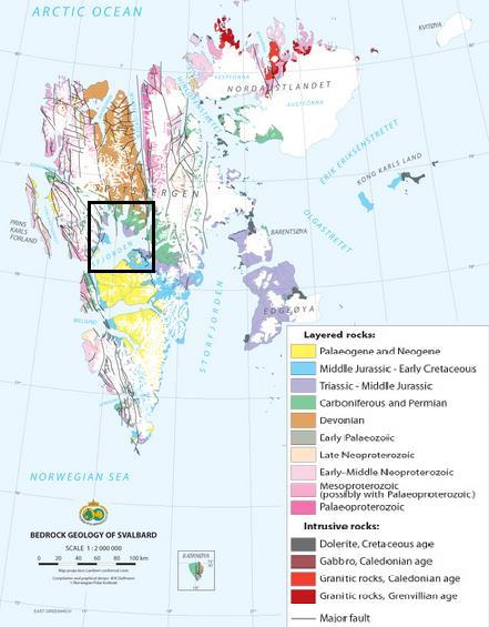 Fig. 1.2: Geologisk kart over Svalbard. Svart ramme markerer studieområdet Isfjorden (noe modifisert fra Norsk Polarinstitutt, http://www.npolar.no/no/tema/geologi/arktis/). 1.2 Seismisk data De syv seismiske multikanals 2D profilene som utgjør datasettet i denne oppgaven ble samlet inn under studentkurset SVALEX i Isfjorden i 2010 (Mjelde, 2010).