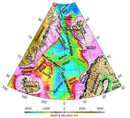 Fig. 2.1: Batymetrisk kart over Nord Atlanteren med de viktigste elementene navngitt (figuren er fra Mjelde & Kandilarov, 2009).