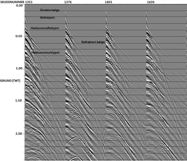 Figur 5.2 viser resultatet av editering på en tilfeldig skuddsamling. Den direkte bølgen ankommer først, deretter boblepuls, havbunnsrefleksjon og refraktert bølge.