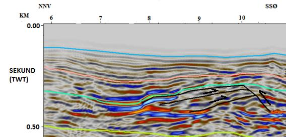 Fig. 6.15: Overflatekart kritt. Enheten blir gradvis dypere mot SØ. Linjelokalitet er markert med svarte streker. Grønn pil markerer nord. Fig. 6.16: Utsnitt fra linje 18.