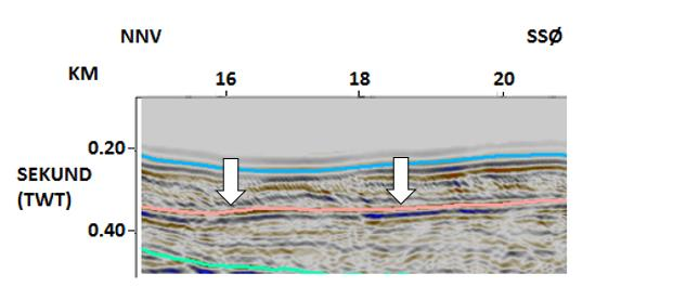 Tertiær har en tykkelse på cirka 500 ms, 1125 meter på det største, hvor tykkelsen øker markant fra nordvest mot sørøst. Fig. 6.18: Utsnitt fra linje 21.