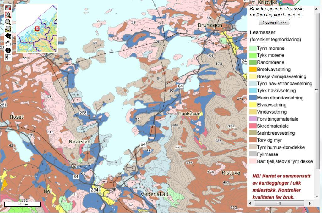 20 (37) KONSEKVENSUTREDNING NATURMILJØ Figur 4. NGUs løsmassekart viser at det langs dagens E39 stort sett er en mosaikk av bart fjell/tynt dekke, marine strandavsetninger og myr/torvdekke.