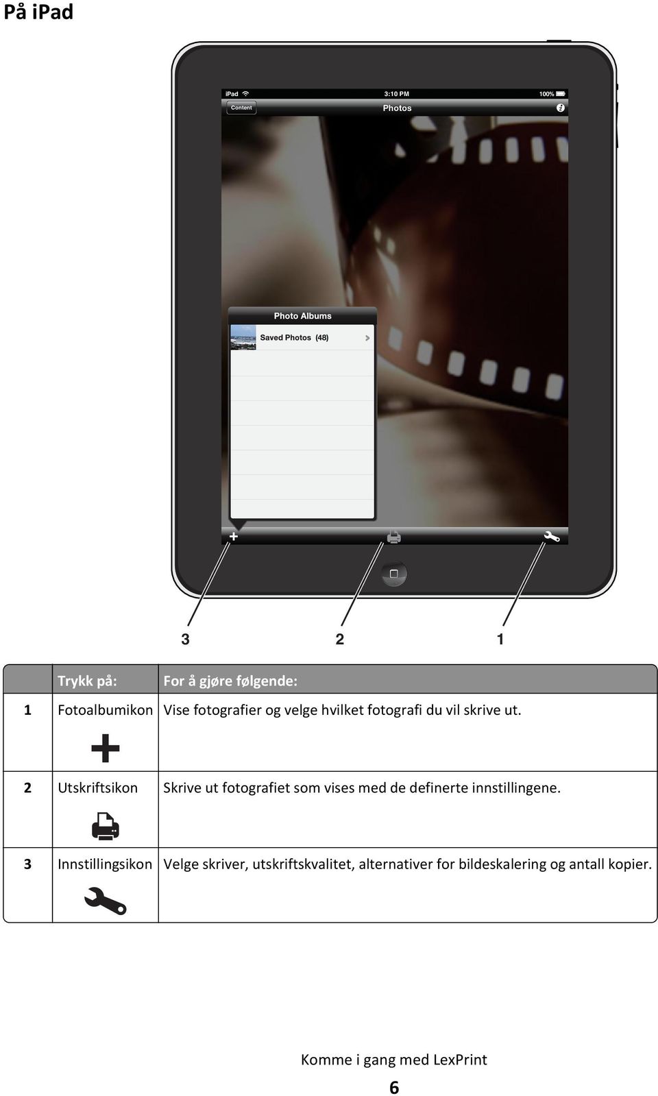 2 Utskriftsikon Skrive ut fotografiet som vises med de definerte innstillingene.