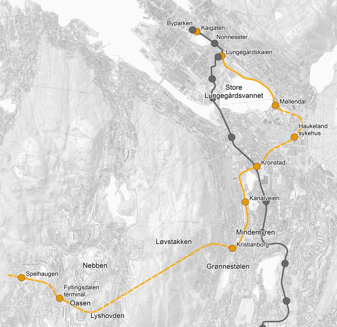 Oversiktskart over anbefalt bybanetrasé til Fyllingsdalen. Planprosess og organisering Oppstart av planarbeidet for delstrekning 3 ble varslet i november 2014 etter vedtak i byrådet 27.11.