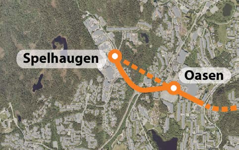 Strekningen Oasen til Spelhaugen Hovedproblemstillinger i planarbeidet: Trasé i tunnel eller i dagen og plassering av holdeplass Kryssing av Folke Bernadottes vei Gang- og sykkelforbindelser