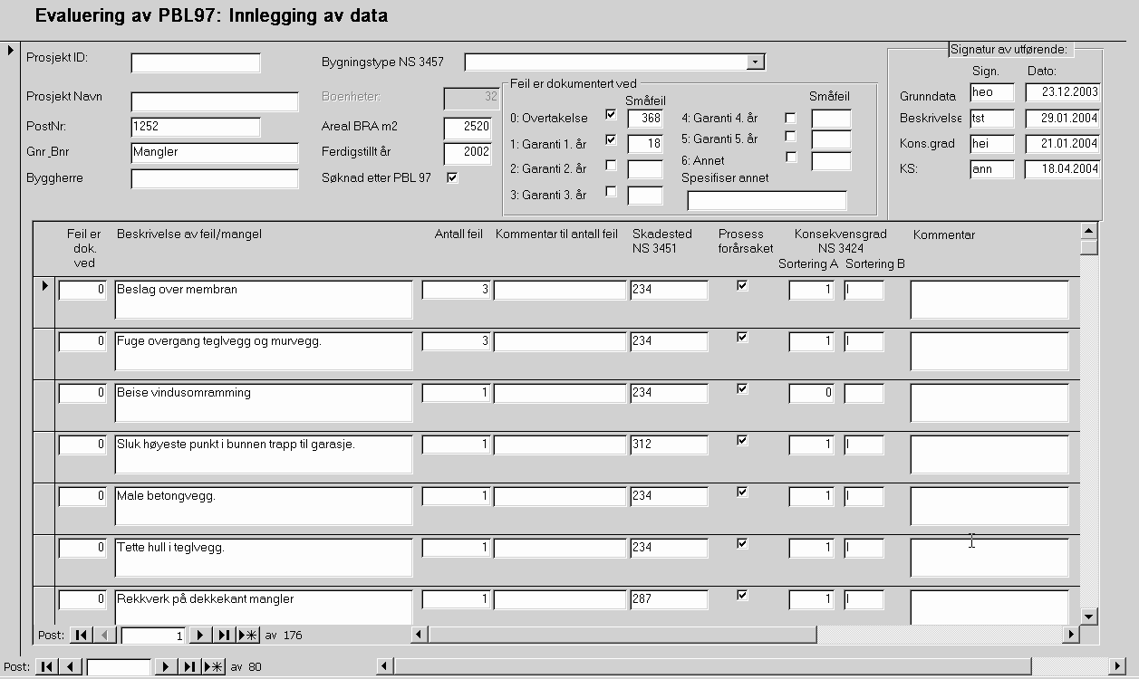 Figur 5.3.6 Eksempel på skjermbilde fra databasen "PBL Evaluering" 5.3.6.1 Registrering av prosjektdata I databasen registreres en rekke generelle opplysninger (grunndata) om prosjektene, som: Prosjekt ID (fortløpende tallregistreringer) Prosjektnavn Postnr.