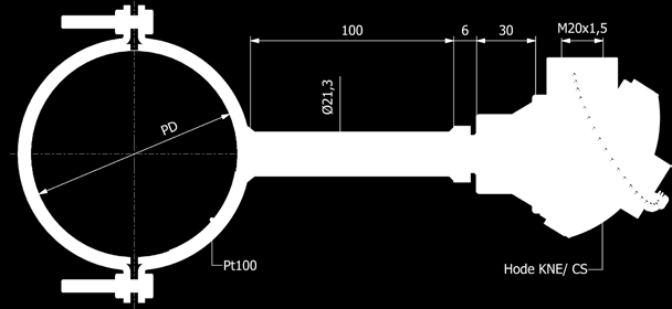 BESTILLINGSKODE MH CLAMP T6 Motstandsføler clamp-on T6 PD (pipe diameter) Spesifiseres - leveres fra 1/2-8 Antall ledere 3 3-ledere Element 1 Enkelt element 2 Dobbelt element Toleranse B Pt100 IEC