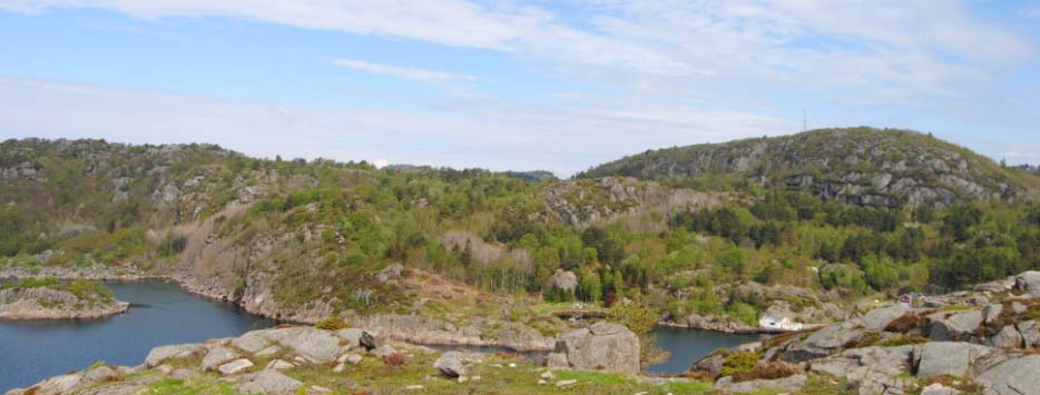 Sett fra lokal topp nord i området, ca 85 m.o.h. Skogen dominerer landskapsbilde. Foto: Ragnhild Tamburstuen/ Marvin Birkeland Utsikt mot Korshavn og havet utenfor.