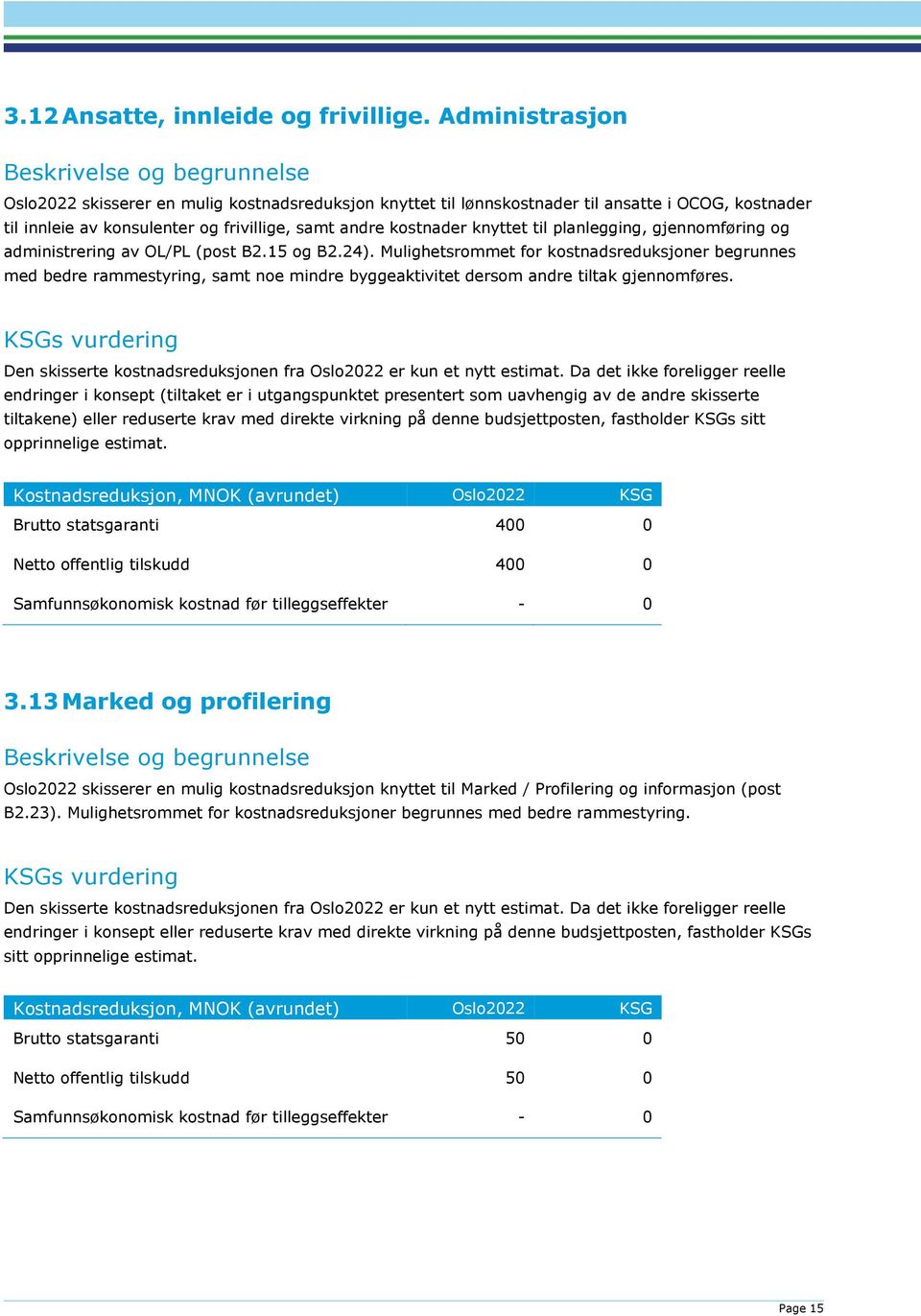 kostnader knyttet til planlegging, gjennomføring og administrering av OL/PL (post B2.15 og B2.24).