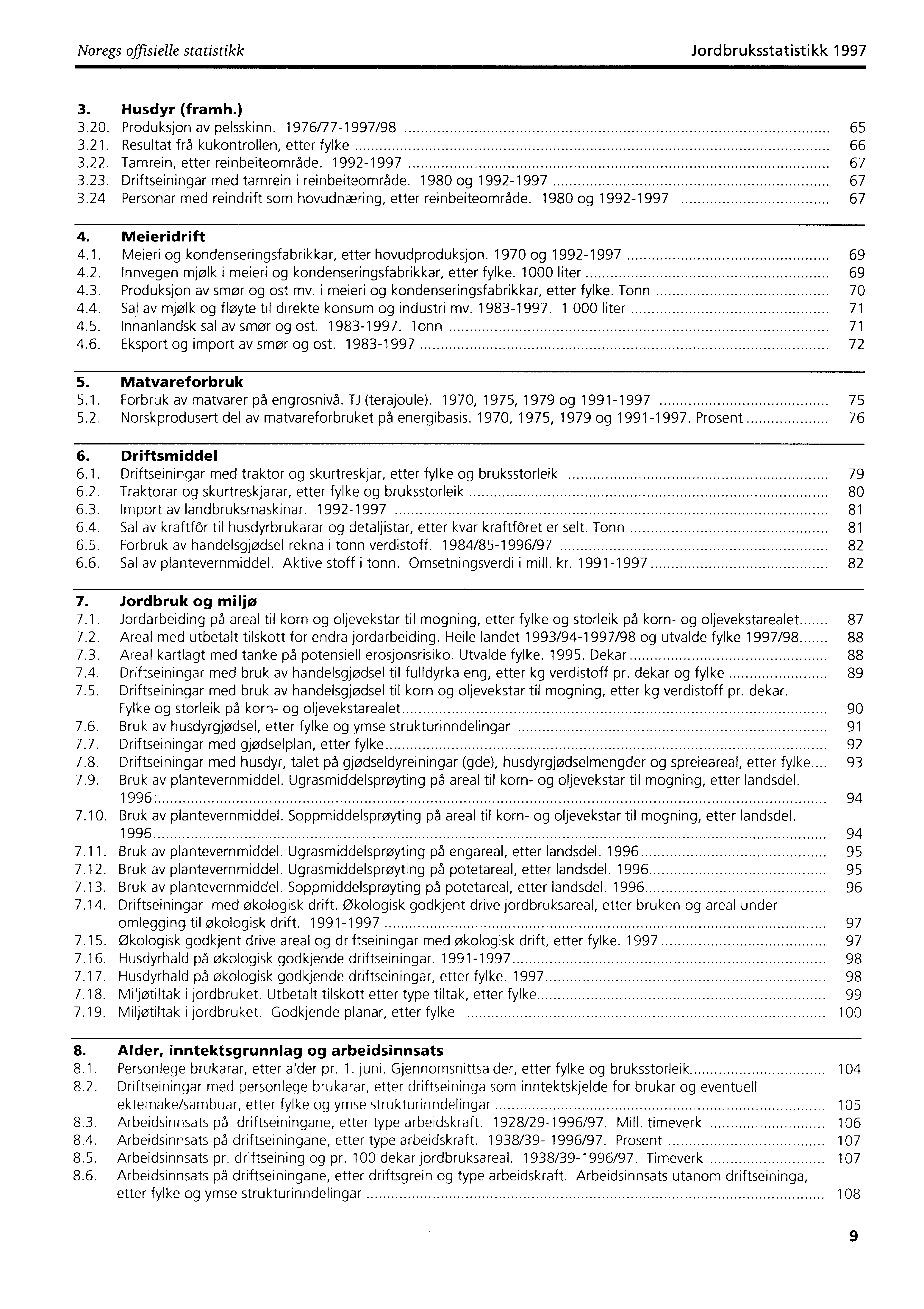 Noregs offisielle statistikk Jordbruksstatistikk 1997 3. Husdyr (framh.) 3.20. Produksjon av pelsskinn. 1976/77-1997/98 65 3.21. Resultat frå kukontrollen, etter fylke 66 3.22.