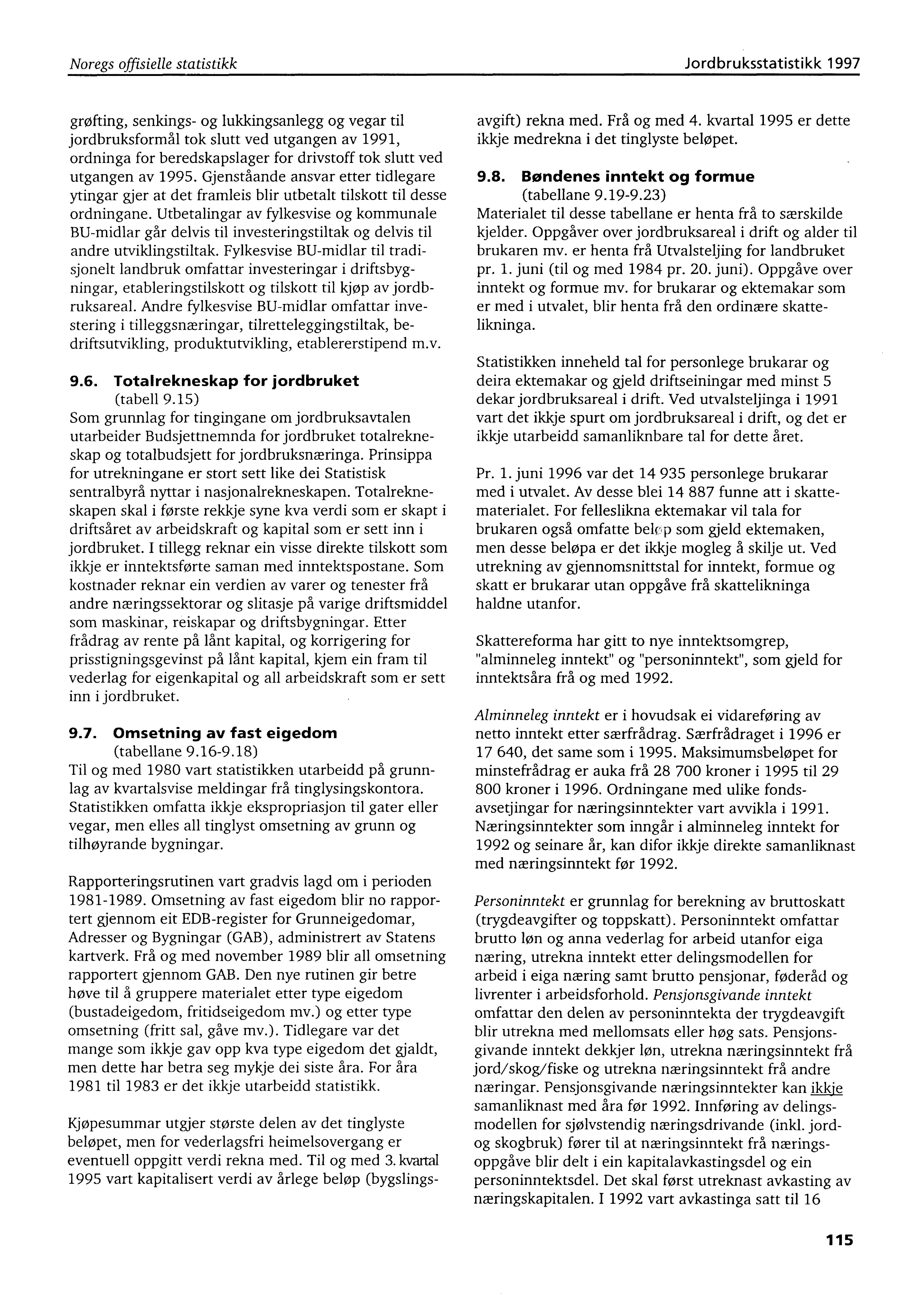 Noregs offisielle statistikk Jordbruksstatistikk 1997 grøfting, senkings- og lukkingsanlegg og vegar til jordbruksformål tok slutt ved utgangen av 1991, ordninga for beredskapslager for drivstoff tok