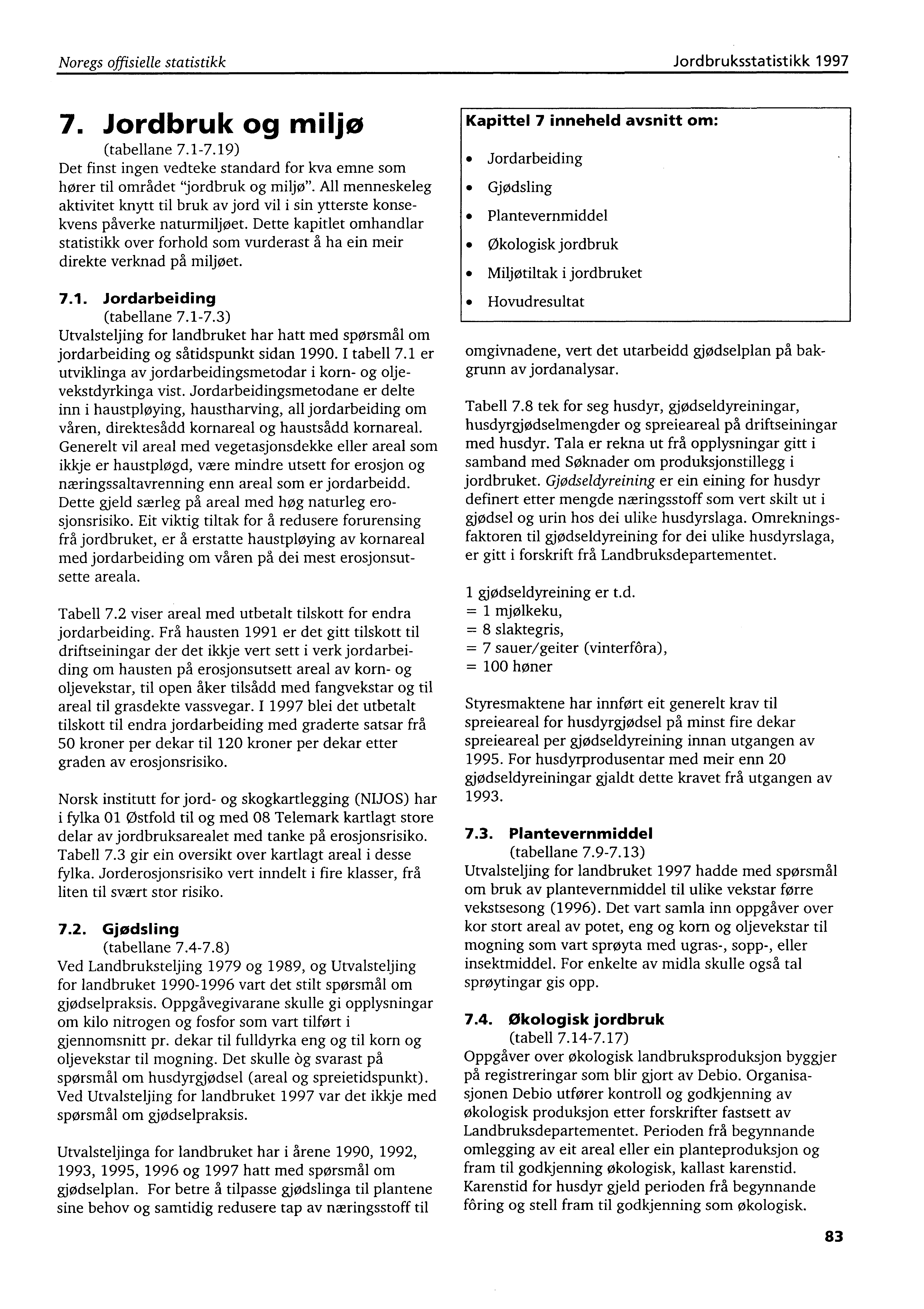 Noregs offisielle statistikk Jordbruksstatistikk 1997 7. Jordbruk og miljø (tabellane 7.1-7.19) Det finst ingen vedteke standard for kva emne som hører til området "jordbruk og miljø".