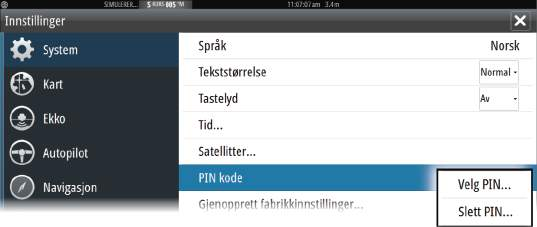 Endringene lagres på det aktive favoritt-skjermvinduet eller delte skjermvinduet. Passordbeskyttelse Du kan angi en PIN-kode for å hindre uautorisert tilgang til systeminnstillingene.