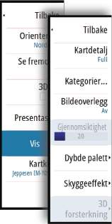 Høyoppløselig batymetri Aktiverer og deaktiverer en høyere konsentrasjon av konturlinjer. Visningsalternativer for Jeppesen Kartdetaljer Full All tilgjengelig informasjon for kartet som er i bruk.