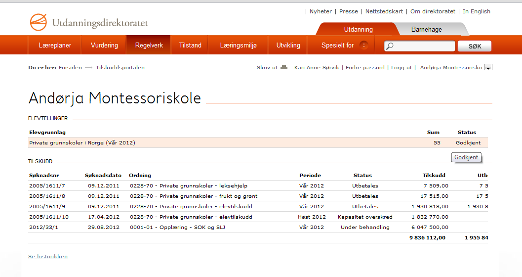 Side 11 av 20 Skolen kan ved å gå tilbake til åpningsbildet se at elevtellingen har endret status fra «Under arbeid» til «Godkjent».