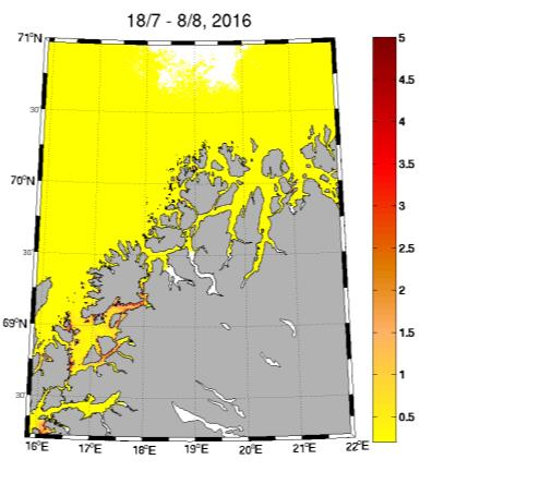 Periode 1 Periode 2 Figur 43. Resultater fra den hydrodynamiske spredningsmodellen for lakselus langs kysten av Troms i periode 1 (venstre) og periode 2 (høyre).