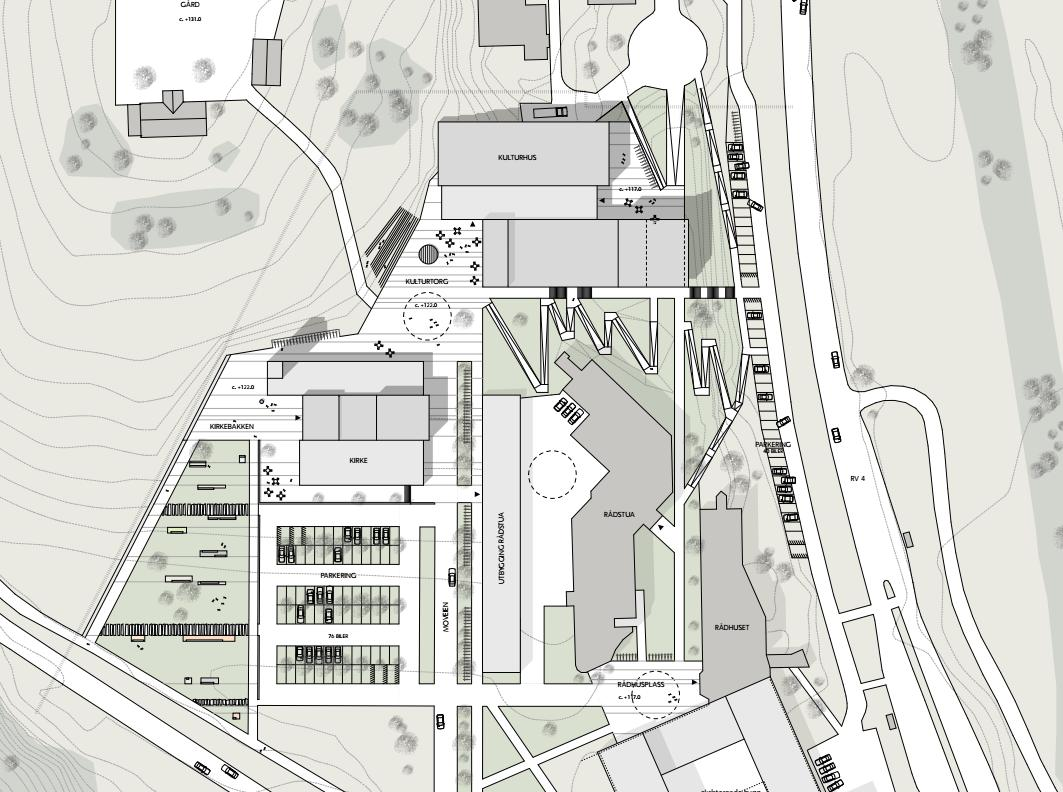 2 2. Arkitektonisk samspill med omgivelsene, som symbolbygg og samlingspunkt L2 foreslår enkle volum satt sammen slik at ny bebyggelsen nedskaleres og tilpasser seg landskapet og eksisterende