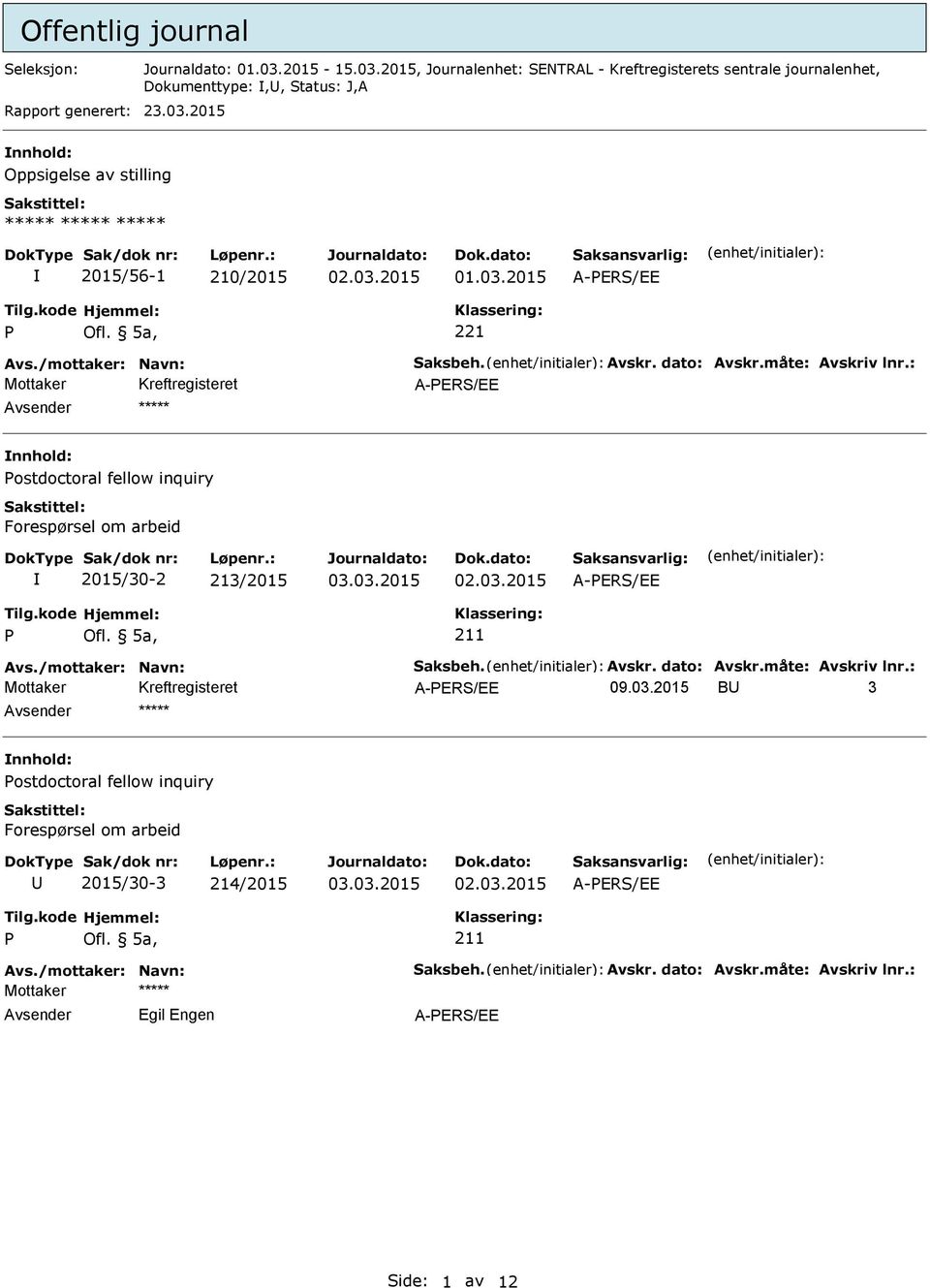 : ***** ostdoctoral fellow inquiry Forespørsel om arbeid 2015/30-2 213/2015 211 Avs./mottaker: Navn: Saksbeh. Avskr. dato: Avskr.måte: Avskriv lnr.