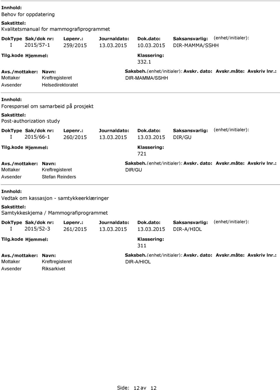 : DR-MAMMA/SSHH Helsedirektoratet Forespørsel om samarbeid på prosjekt ost-authorization study 2015/66-1 260/2015 DR/G Avs./mottaker: Navn: Saksbeh.