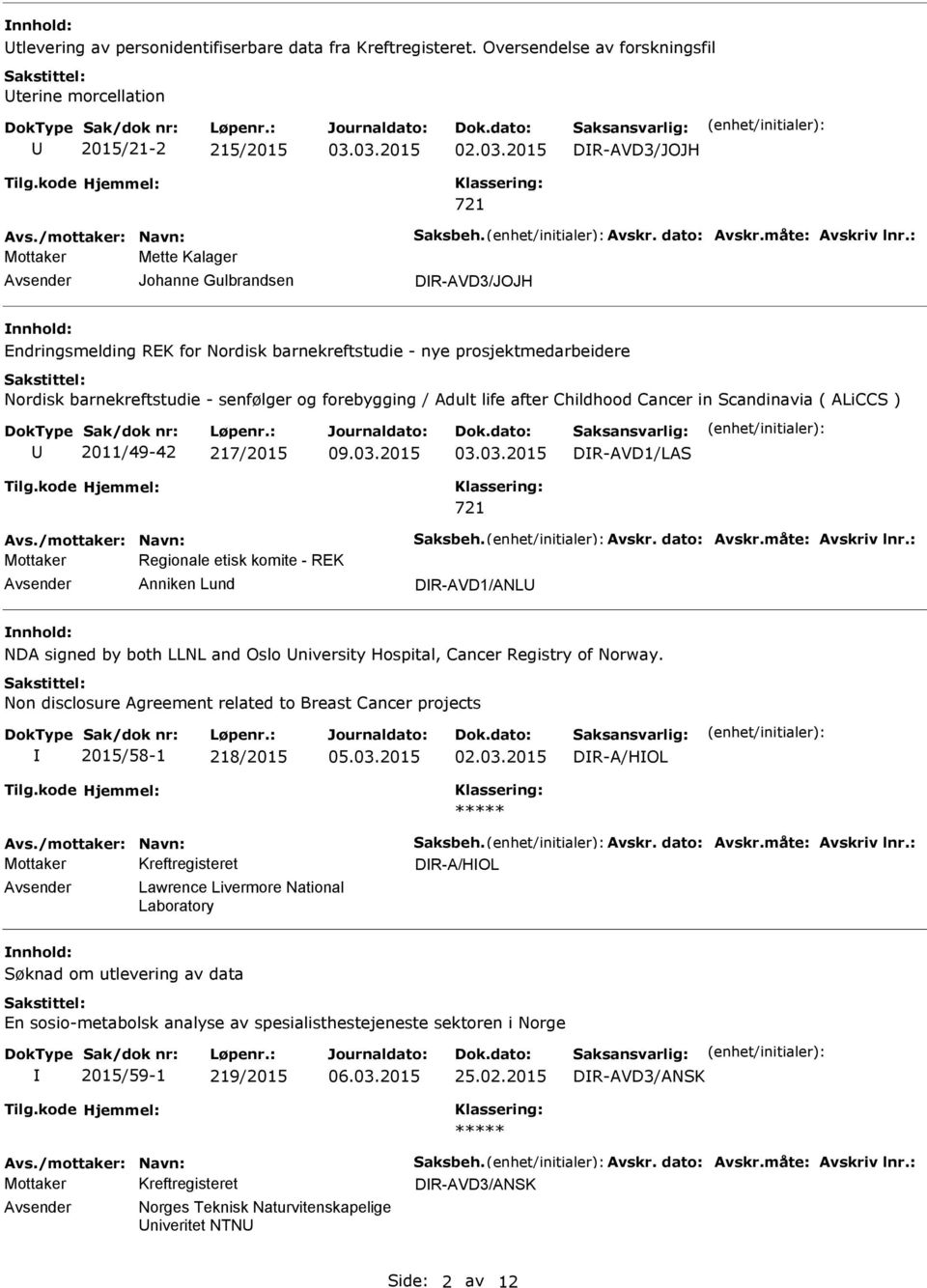 : Mottaker Mette Kalager Johanne Gulbrandsen DR-AVD3/JOJH Endringsmelding REK for Nordisk barnekreftstudie - nye prosjektmedarbeidere Nordisk barnekreftstudie - senfølger og forebygging / Adult life