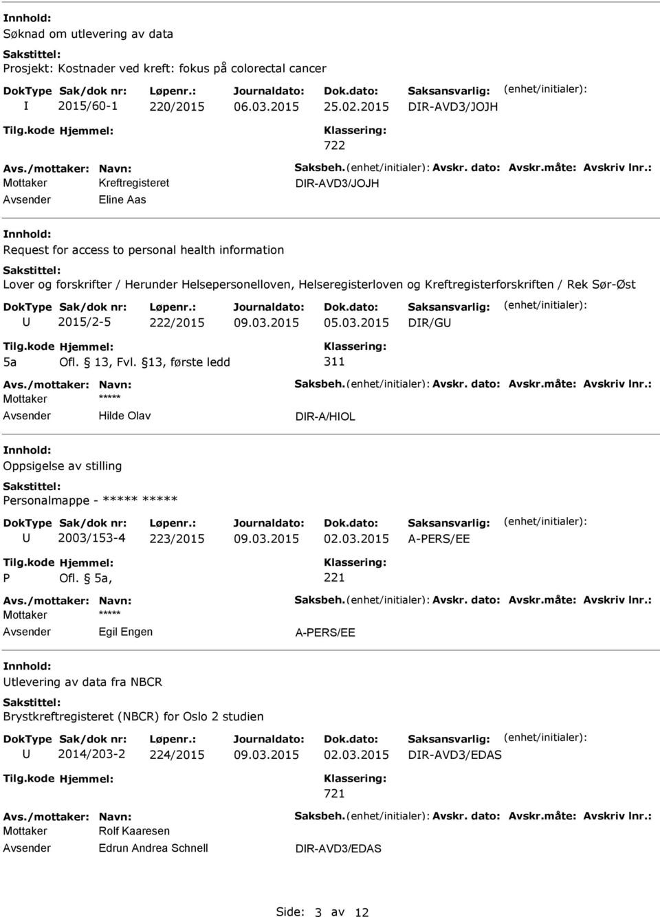 : DR-AVD3/JOJH Eline Aas Request for access to personal health information Lover og forskrifter / Herunder Helsepersonelloven, Helseregisterloven og Kreftregisterforskriften / Rek Sør-Øst 2015/2-5