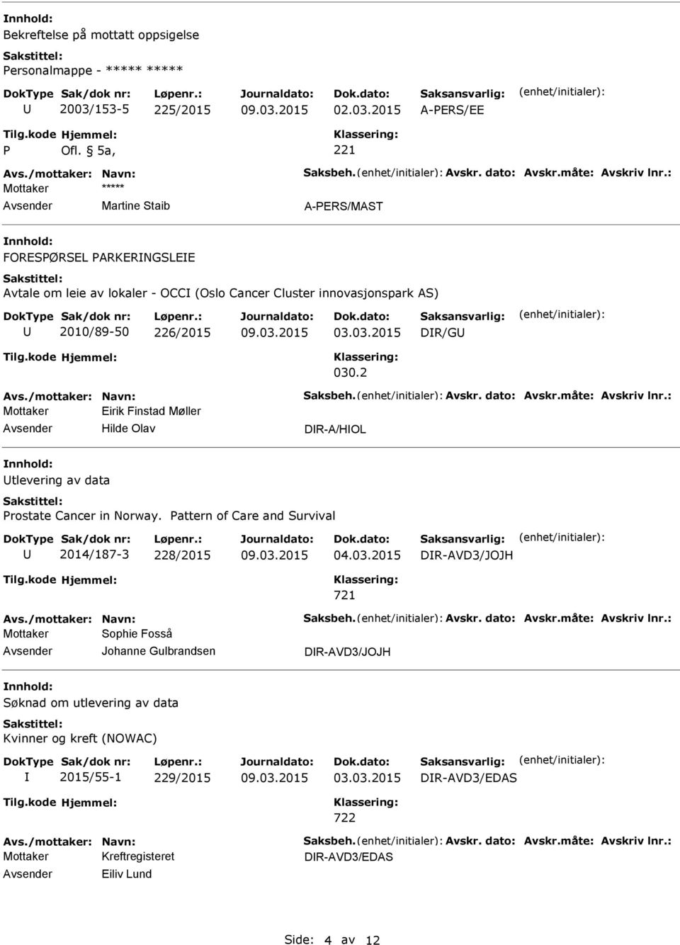 dato: Avskr.måte: Avskriv lnr.: Mottaker Eirik Finstad Møller Hilde Olav DR-A/HOL tlevering av data rostate Cancer in Norway. attern of Care and Survival 2014/187-3 228/2015 04.03.