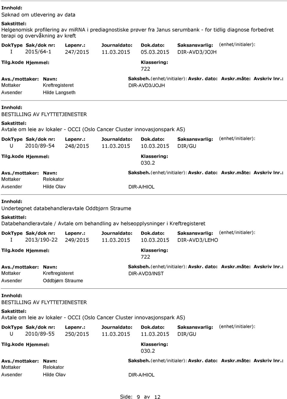 : DR-AVD3/JOJH Hilde Langseth BESTLLNG AV FLYTTETJENESTER Avtale om leie av lokaler - OCC (Oslo Cancer Cluster innovasjonspark AS) 2010/89-54 248/2015 11.03.2015 DR/G 030.2 Avs.