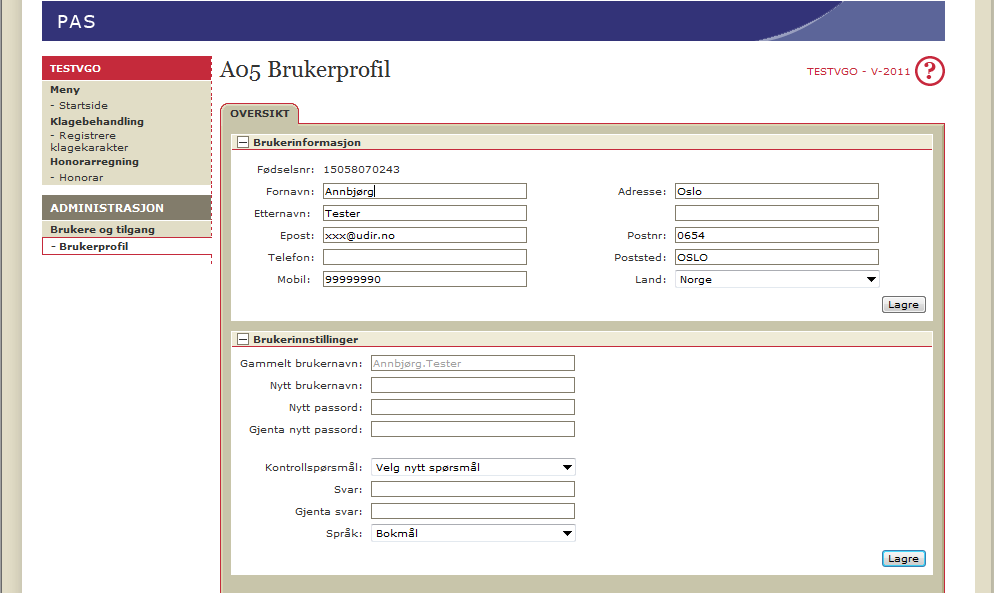 2.3 PAS Brukarprofil Her kan du sjå og eventuelt endre dine eigne brukaropplysningar.