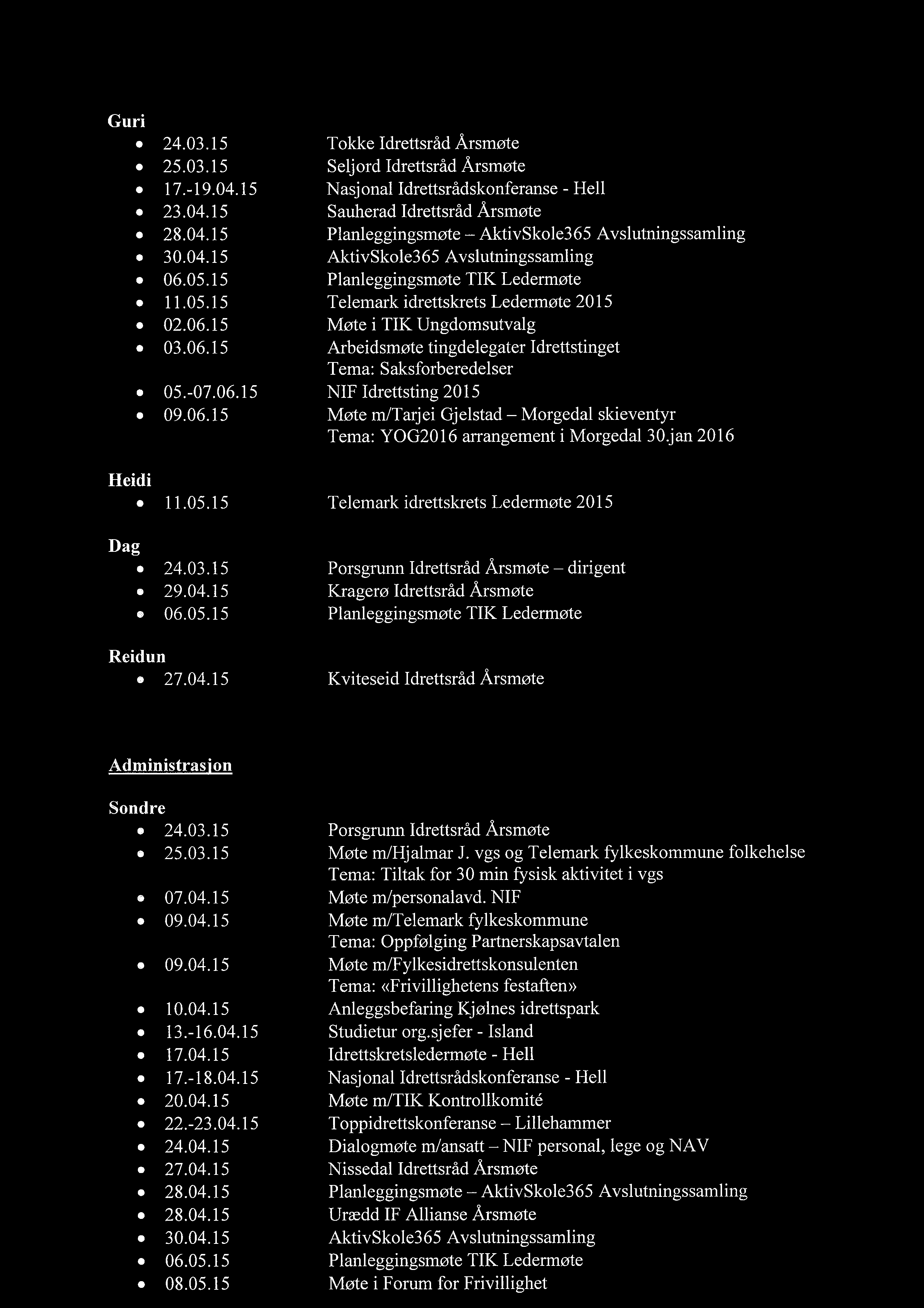 Guri 24.03.15 Tokke Idrettsråd Årsmøte 25.03.15 Seljord Idrettsråd Årsmøte 17.-19.04.15 Nasjonal Idrettsrådskonferanse - Hell 23.04.15 Sauherad Idrettsråd Årsmøte 28.04.15 Planleggingsmøte AktivSkole365 Avslutningssamling 30.