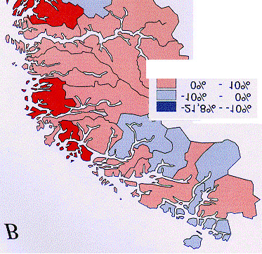 Figur 1. Regionstorleik og sysselsettingsendring frå 1992 til 1998. (Amdam m.fl.