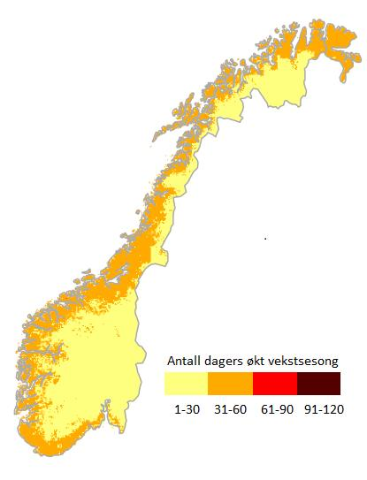 Termisk vekstsesong blir lengre (1985/2014 til 2030/2060)