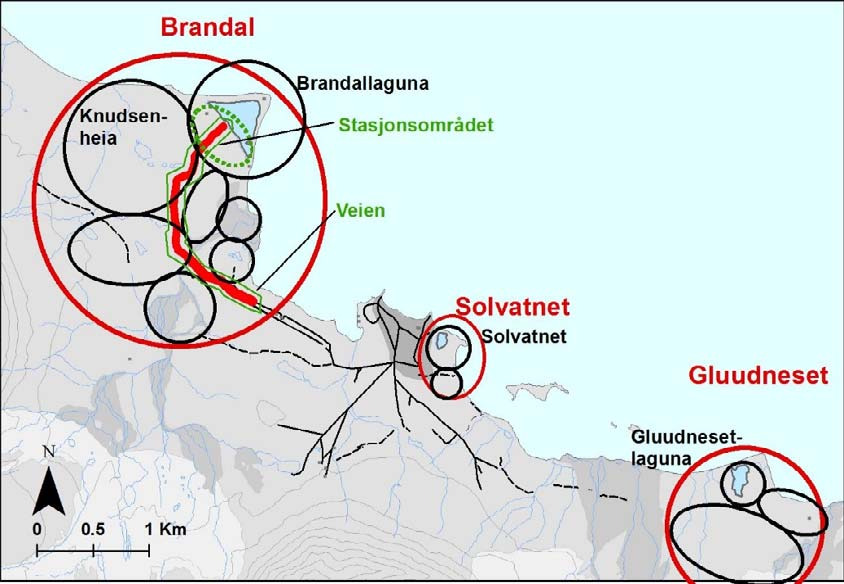 2 1BMetoder 2.1 9BOmråder og lokaliteter Området rundt det planlagte geodesianlegget og adkomstveien fra flyplassen er definert som det berørte området.