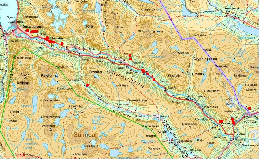 4.3 Bestandsutvikling i Sunndalen Mnemosynesommerfugl har blitt studert på opptil sju ulike lokaliteter i Sunndalen gjennom årlige undersøkelser i perioden 1988-2001 (fig. 10).