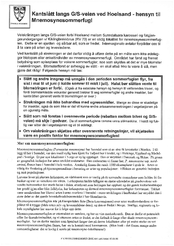Vedlegg To rundskriv fra Sunndal kommune fra 1996 om retningslinjer for