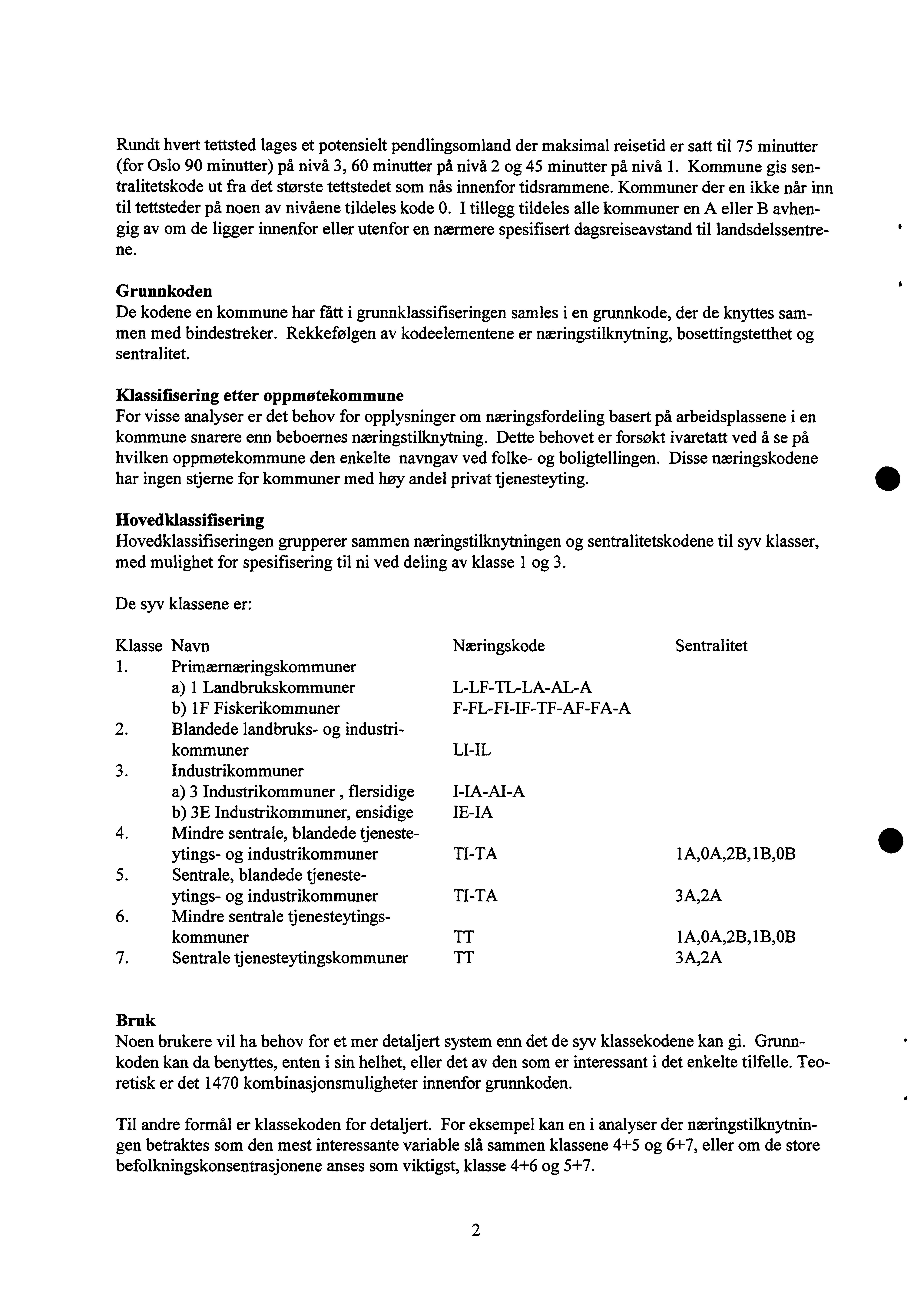 Rundt hvert tettsted lages et potensielt pendlingsomland der maksimal reisetid er satt til 75 minutter (for Oslo 90 minutter) på nivå 3, 60 minutter på nivå 2 og 45 minutter på nivå.