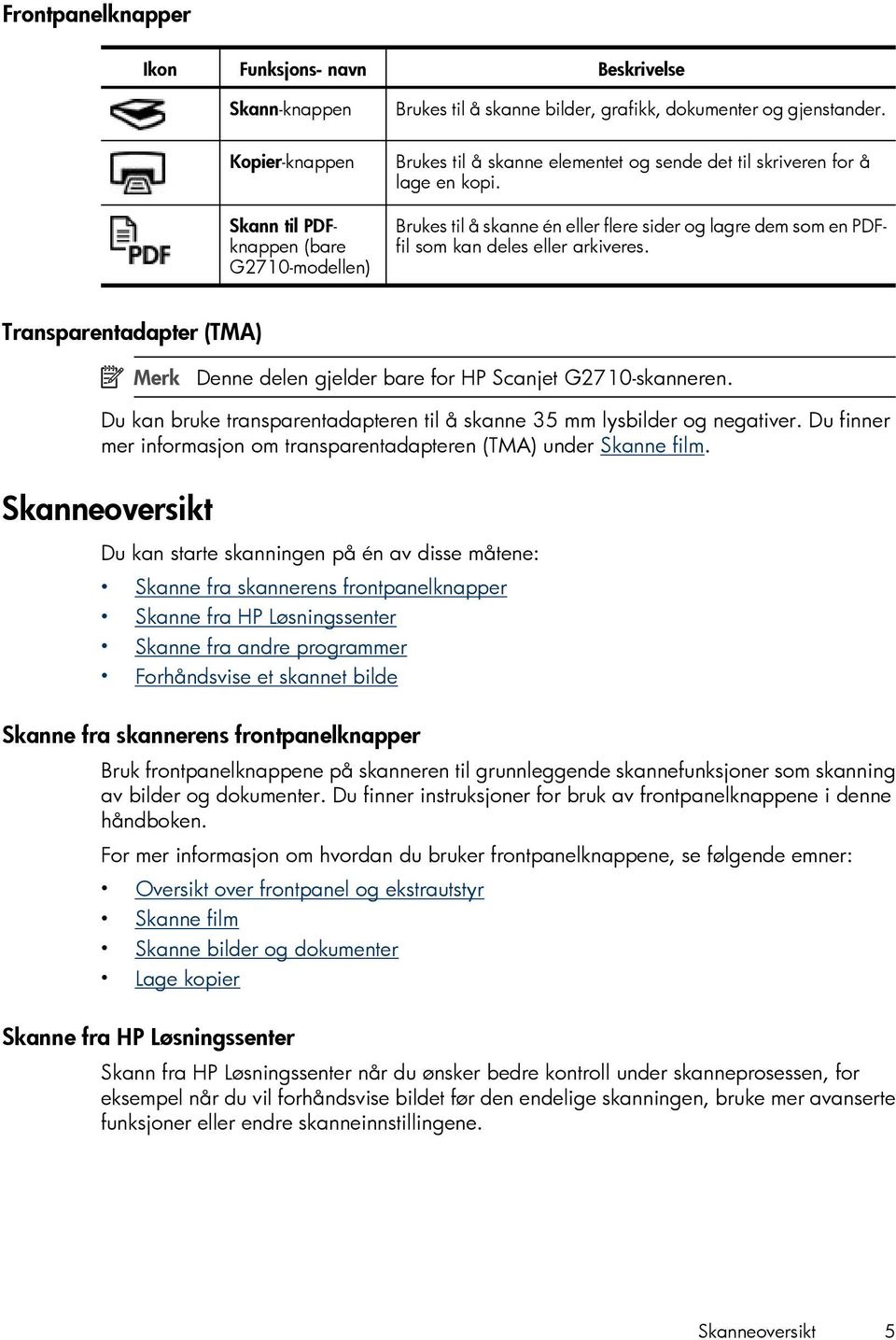 Transparentadapter (TMA) Merk Denne delen gjelder bare for HP Scanjet G2710-skanneren. Du kan bruke transparentadapteren til å skanne 35 mm lysbilder og negativer.