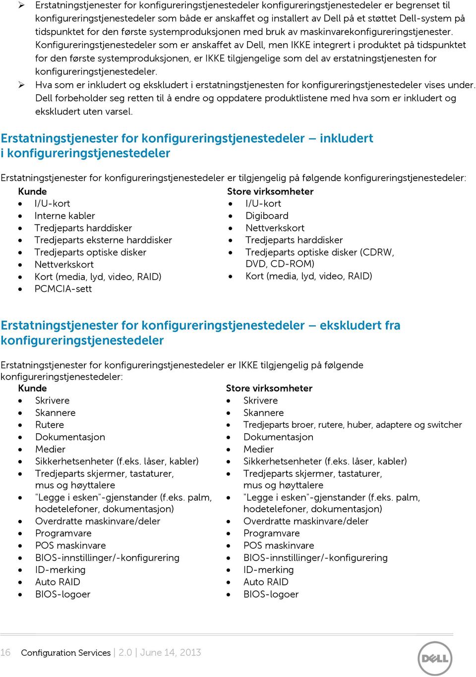 Konfigureringstjenestedeler som er anskaffet av Dell, men IKKE integrert i produktet på tidspunktet for den første systemproduksjonen, er IKKE tilgjengelige som del av erstatningstjenesten for