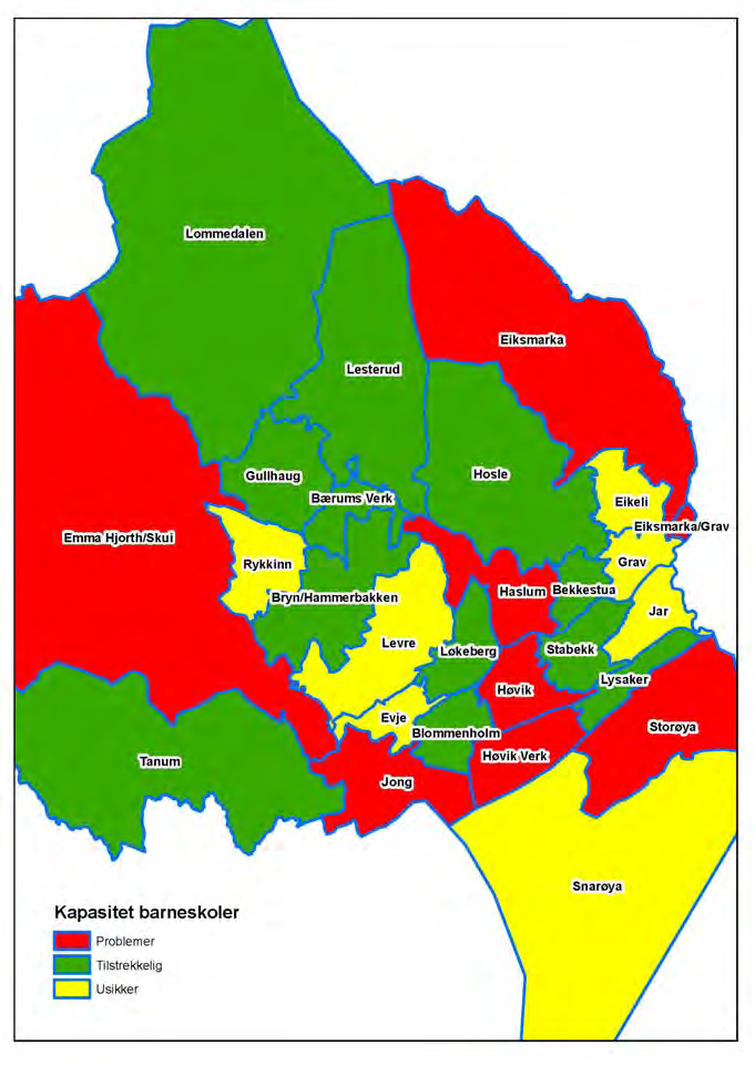 Den enkelte skole/krets er kategorisert slik: Samlet gir dette et grunnlag for å vurdere ved hvilke skoler og i hvilke områder som det forventes kapasitetsutfordringer ved i kommende 10 års periode.