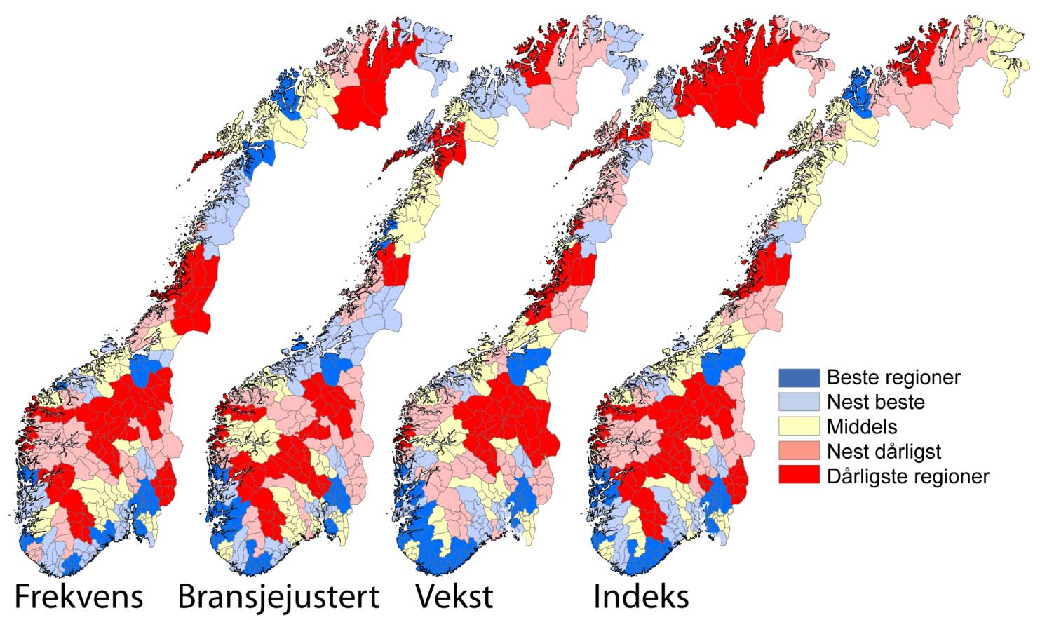 Regionale mønstre Figur 39: Etableringsaktiviteten i regionene i årene 2008-. De tre ulike indikatorene for etablering viser i stor grad det samme mønsteret, men med noen nyanser.