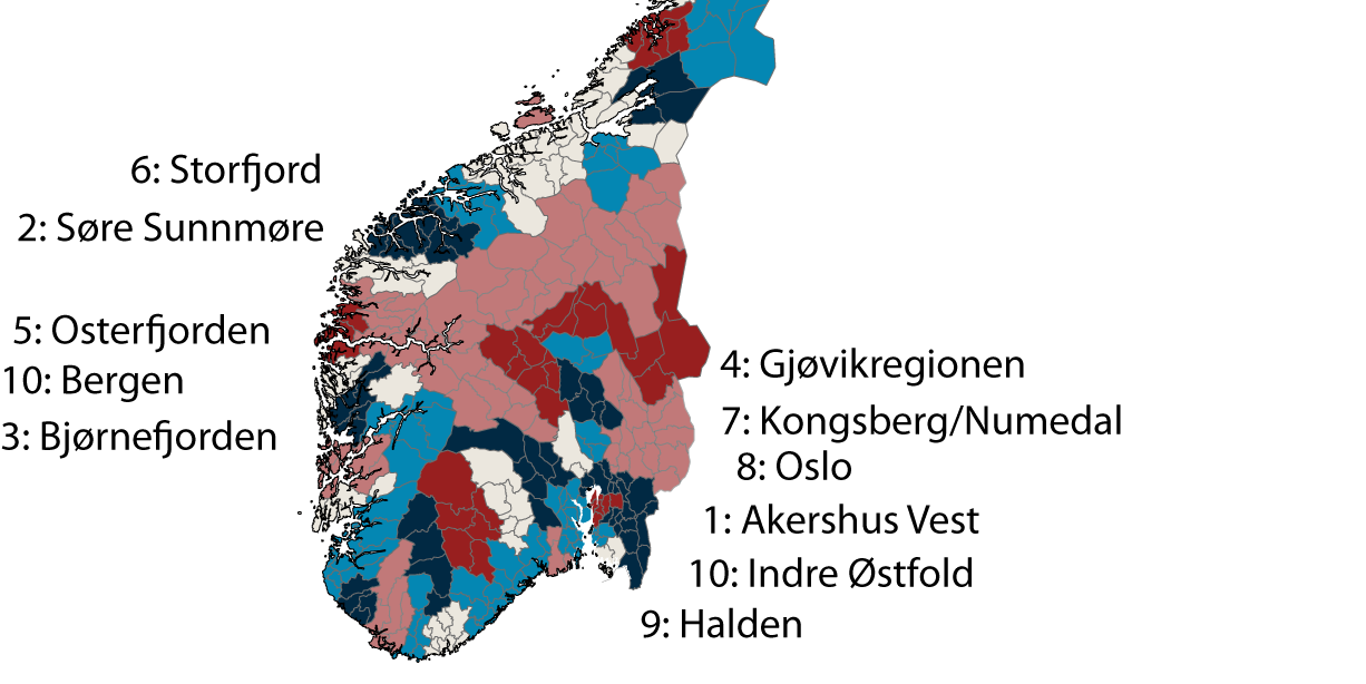 Innovasjonsfrekvens i regionene Figur 59: Variasjoner i innovasjonsfrekvens for regionene. Kartet over viser variasjonene i innovasjonsfrekvens i regionene i Norge.