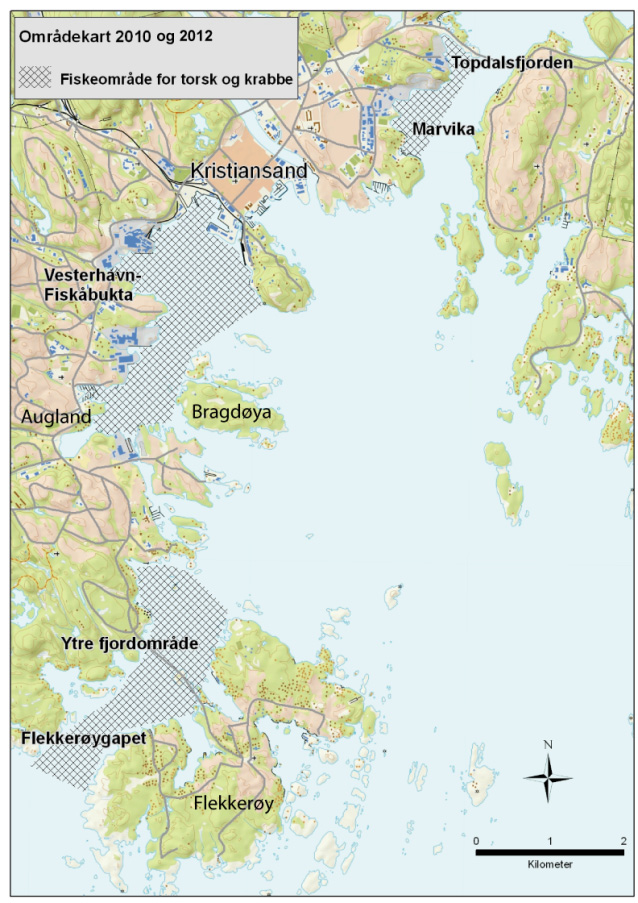 NIVA 6695-214 Figur 1. Oversiktskart over Kristiansandsfjorden. De skraverte områdene viser inndeling i indre, midtre og ytre fjordområde hvor det ble innsamlet torsk og krabbe i 21 og 212.