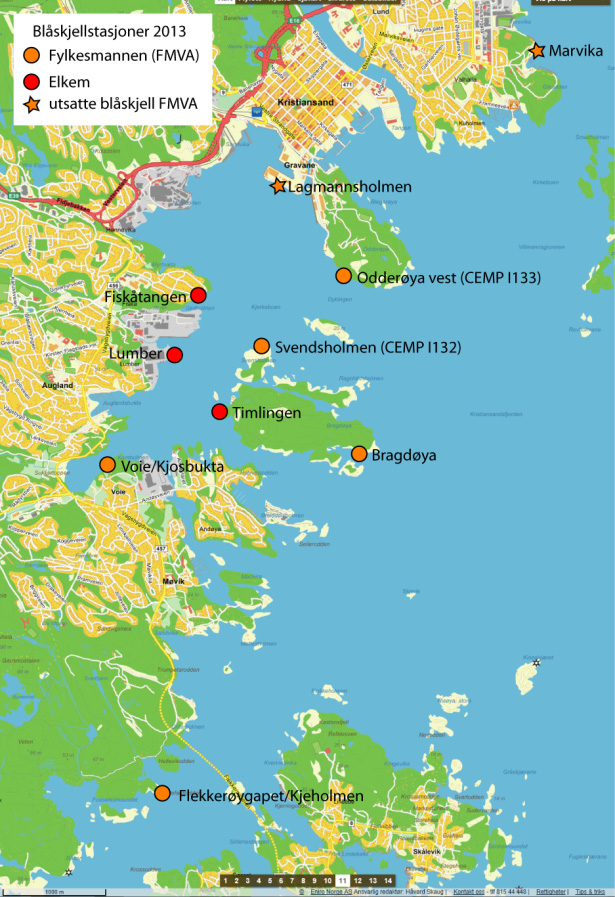 NIVA 6695-214 Glencore Nikkelverk AS og Elkem er vist i Figur 2. Blåskjell ble utplassert i Marvika og Lagmannsholmen i samråd med oppdragsgiver. Koordinater for stasjonene er gitt i Tabell 2 Figur 2.