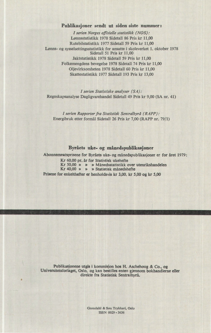 Publikasjoner sendt ut siden siste nummer: I serien Norges offisielle statistikk (NOS): Lønnsstatistikk 1978 Sidetall 86 Pris kr 11,00 Rutebilstatistikk 1977 Sidetall 59 Pris kr 11,00 Lønns-