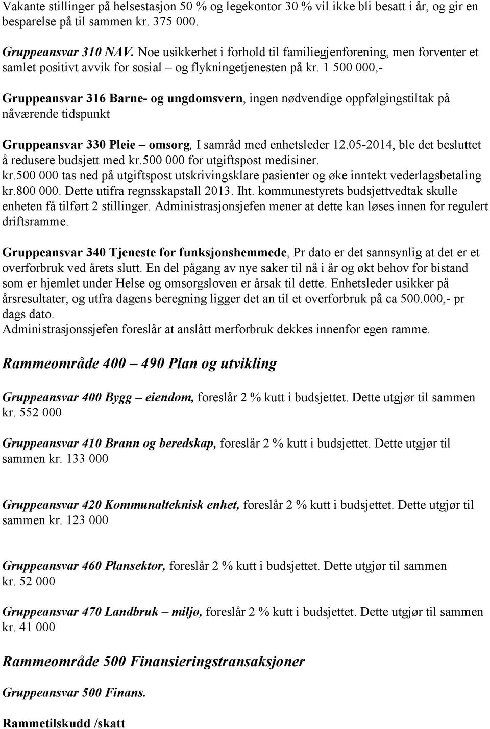 1 500 000,- Gruppeansvar 316 Barne- og ungdomsvern, ingen nødvendige oppfølgingstiltak på nåværende tidspunkt Gruppeansvar 330 Pleie omsorg, I samråd med enhetsleder 12.