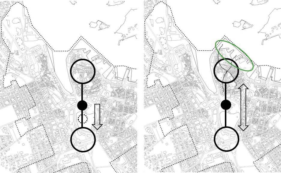 27 Figur 15: Endringer i sentrums tyngdepunkt Planforslaget innebærer at det åpnes for å fylle ut et større område i sjø på Holmen.