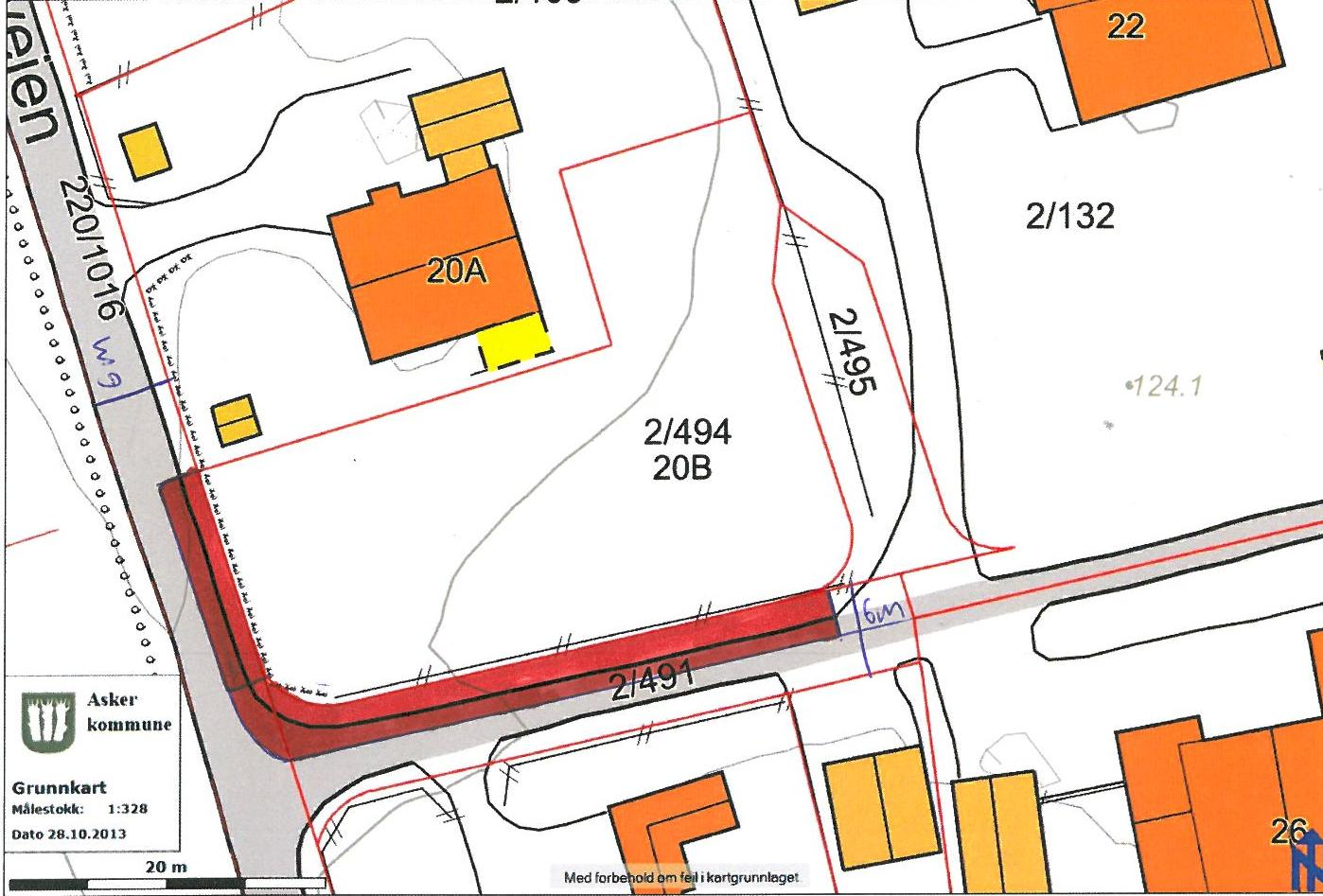 Beregning av Dlleggsareal Reguleringsbredde for veien er 6 meter Lengden av grensa mot veien er 52 meter Tilleggsarealet