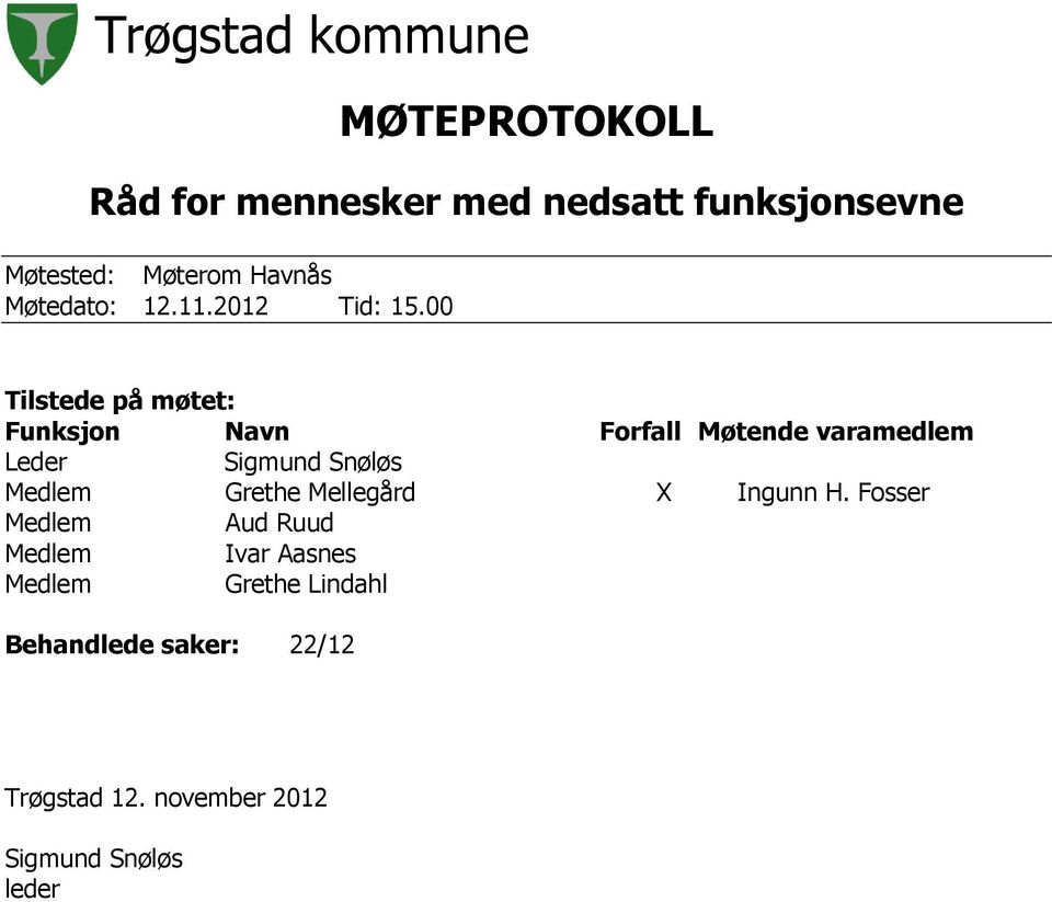 00 Tilstede på møtet: Funksjon Navn Forfall Møtende varamedlem Leder Sigmund Snøløs Medlem