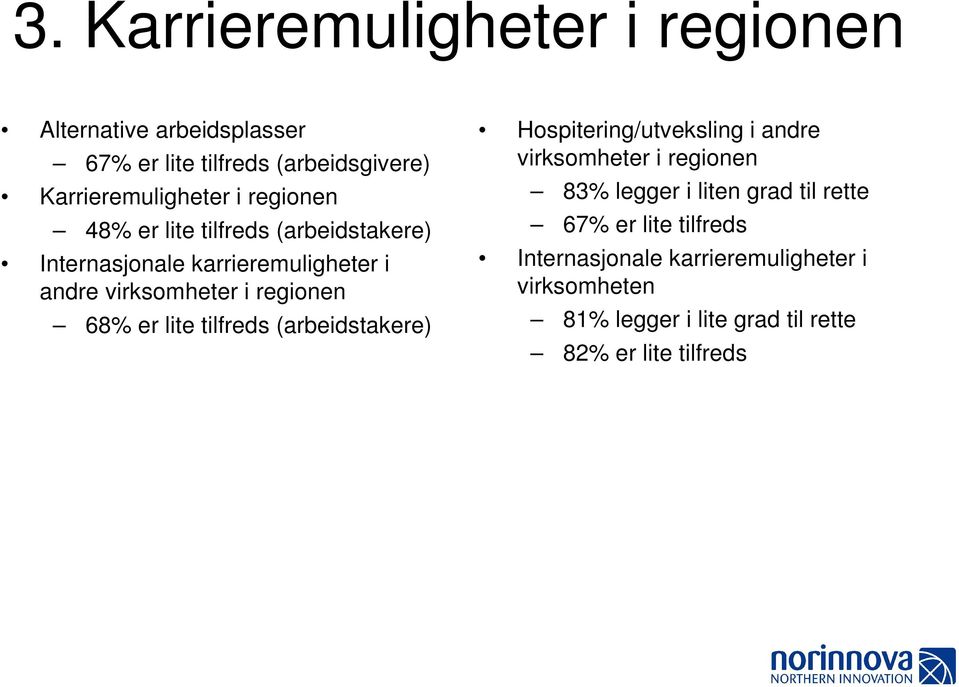 lite tilfreds (arbeidstakere) Hospitering/utveksling i andre virksomheter i regionen 83% legger i liten grad til rette