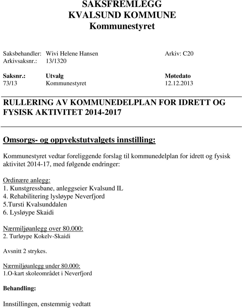 for idrett og fysisk aktivitet 2014-17, med følgende endringer: Ordinære anlegg: 1. Kunstgressbane, anleggseier Kvalsund IL 4. Rehabilitering lysløype Neverfjord 5.