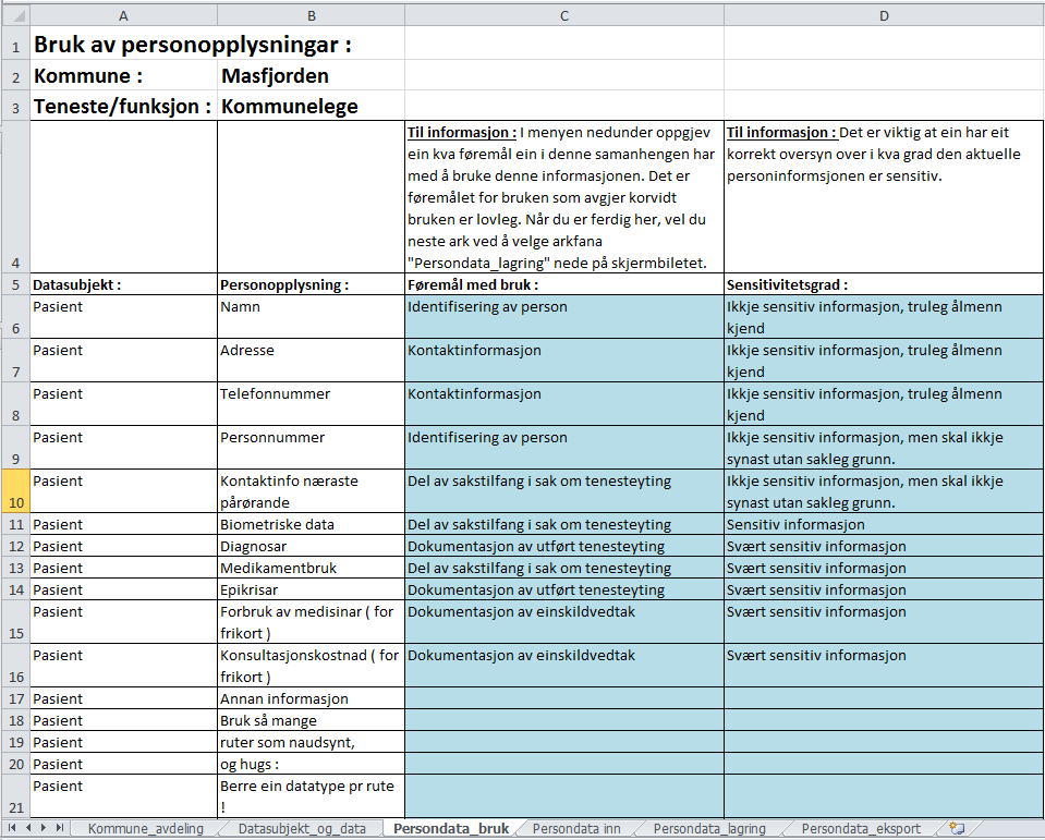 Legg inn datasubjekt og personopplysningar knytt til kvart subjekt Peik og klikke på arkfana Datasubjekt_og_data. Øvst i skjemaet skal du no finne namn på kommune og avdeling sjå illustrasjon attmed.